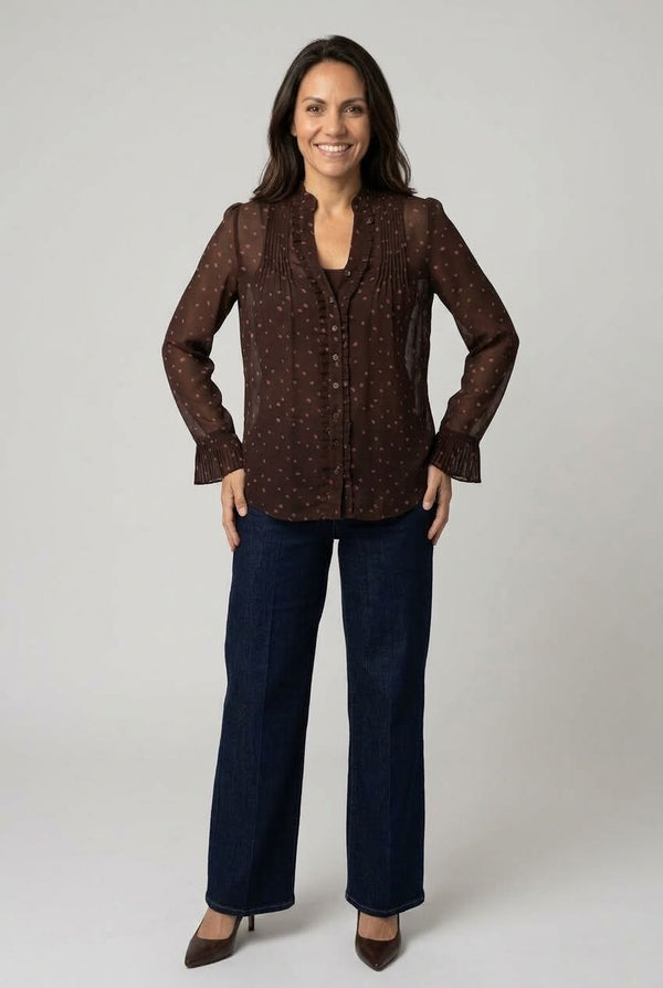 Brown | Polka Dot Print Semi Sheer V-Neck Blouse