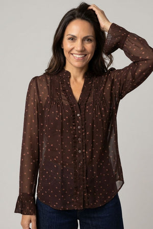 Brown | Polka Dot Print Semi Sheer V-Neck Blouse