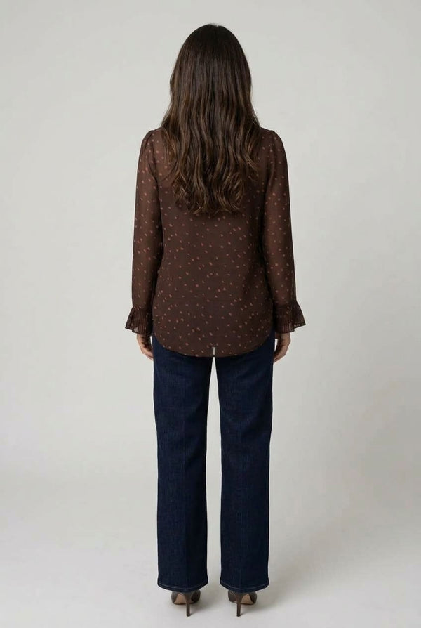 Brown | Polka Dot Print Semi Sheer V-Neck Blouse