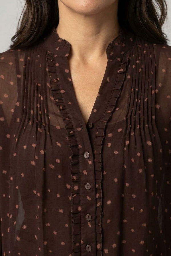 Brown | Polka Dot Print Semi Sheer V-Neck Blouse
