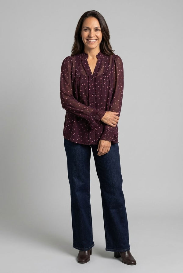 Purple | Polka Dot Print Semi Sheer V-Neck Blouse