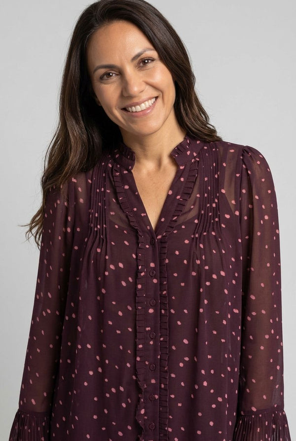 Purple | Polka Dot Print Semi Sheer V-Neck Blouse