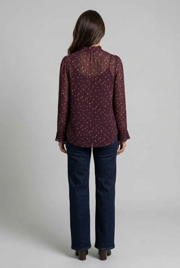 Purple | Polka Dot Print Semi Sheer V-Neck Blouse