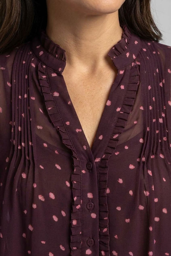 Purple | Polka Dot Print Semi Sheer V-Neck Blouse