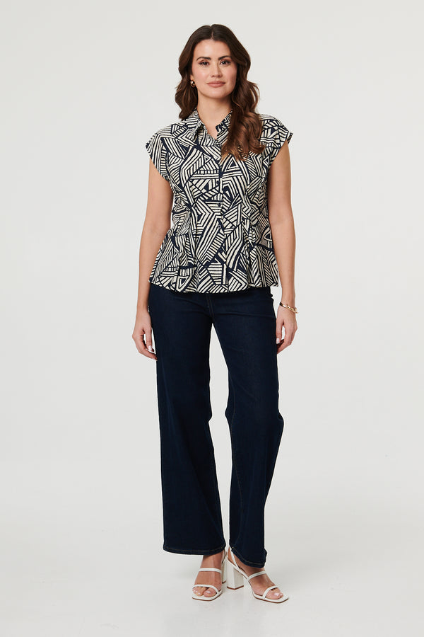 Navy | Geo Print Cap Sleeve Fitted Shirt
