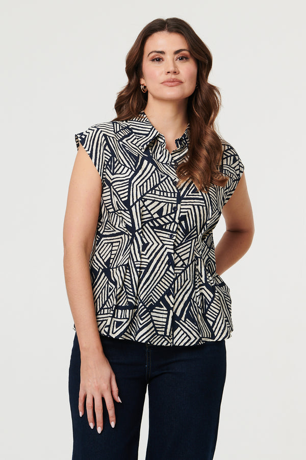 Navy | Geo Print Cap Sleeve Fitted Shirt
