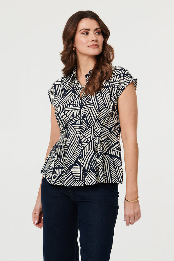 Navy | Geo Print Cap Sleeve Fitted Shirt
