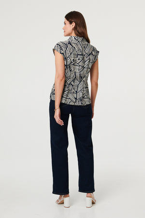 Navy | Geo Print Cap Sleeve Fitted Shirt
