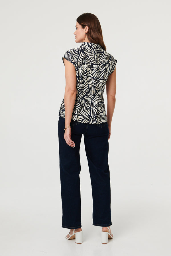 Navy | Geo Print Cap Sleeve Fitted Shirt
