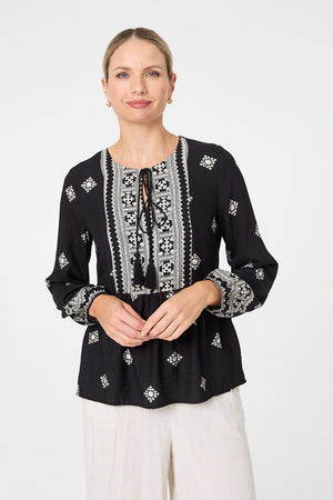 Black | Border Print Long Sleeve Tassel Blouse
