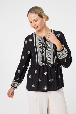 Black | Border Print Long Sleeve Tassel Blouse

