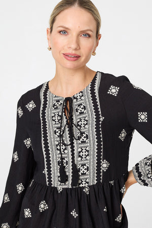 Black | Border Print Long Sleeve Tassel Blouse
