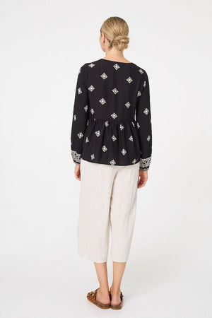 Black | Border Print Long Sleeve Tassel Blouse
