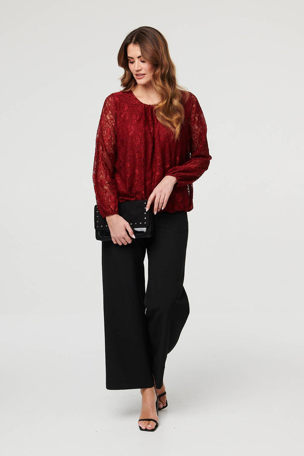 Burgundy | Floral Lace Semi Sheer Ruched Blouse
