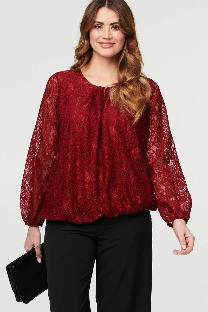 Floral Lace Semi Sheer Ruched Blouse