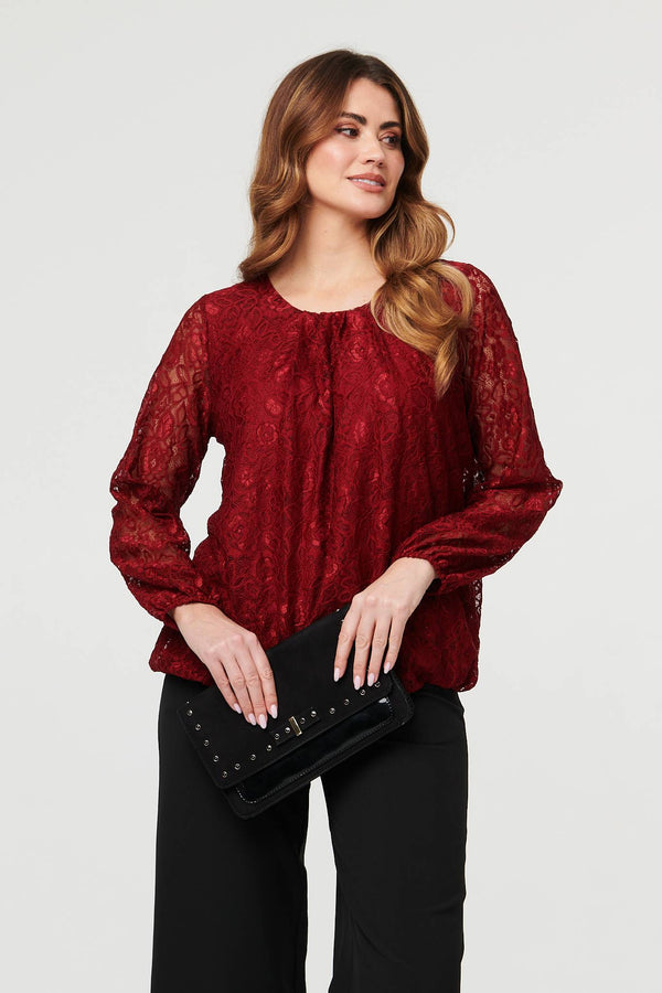 Burgundy | Floral Lace Semi Sheer Ruched Blouse
