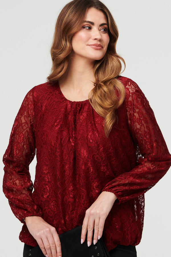 Burgundy | Floral Lace Semi Sheer Ruched Blouse
