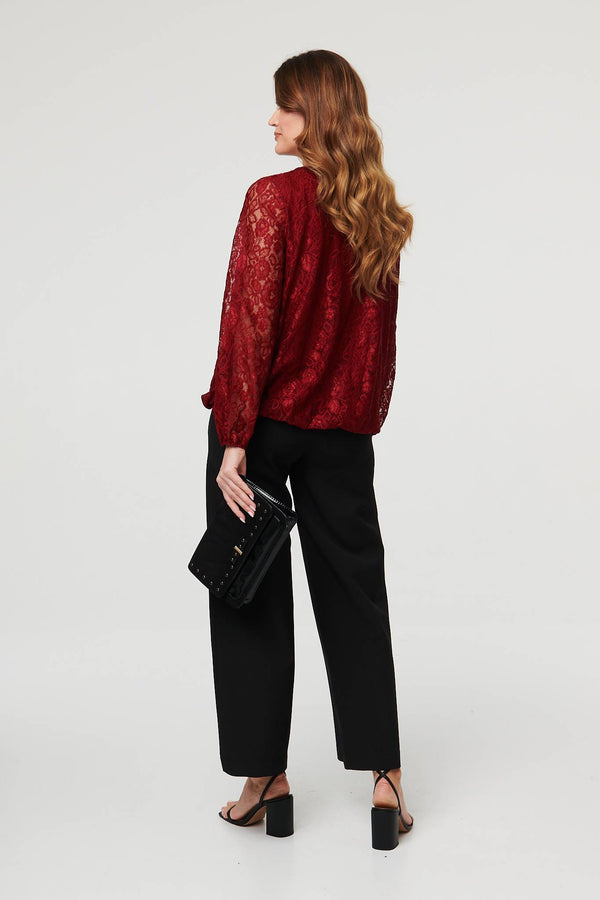 Burgundy | Floral Lace Semi Sheer Ruched Blouse
