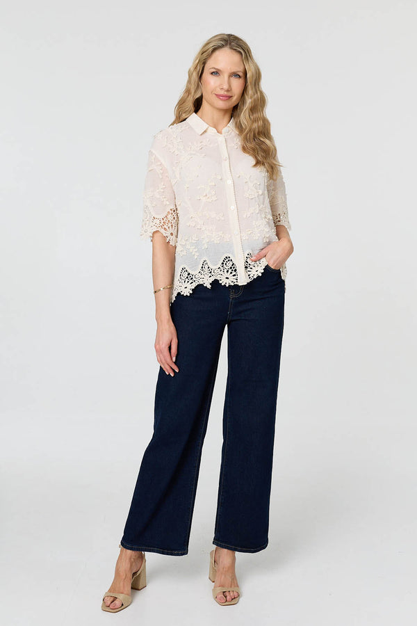 Cream | Floral Lace Texture 1/2 Sleeve Shirt