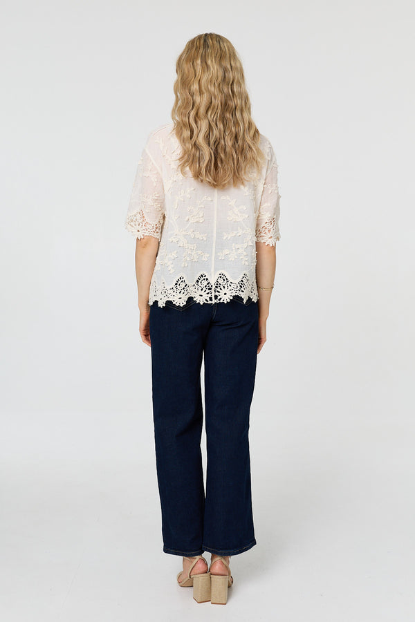Cream | Floral Lace Texture 1/2 Sleeve Shirt