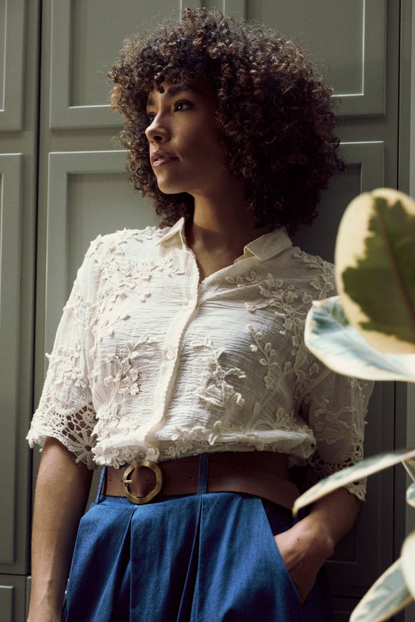 Cream | Floral Lace Texture 1/2 Sleeve Shirt : Model is 5'8"/172 cm and wears UK8/EU36/US4/AUS8