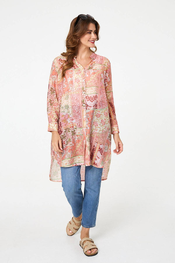 Pink | Printed Long Sleeve Longline Shirt
