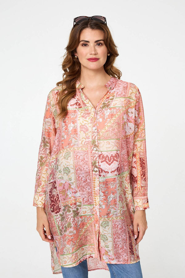 Pink | Printed Long Sleeve Longline Shirt