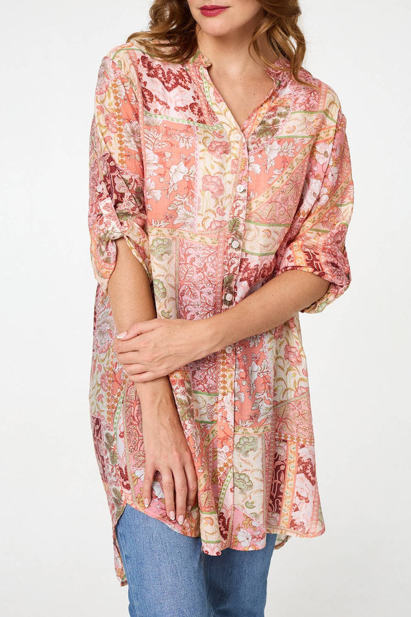 Pink | Printed Long Sleeve Longline Shirt