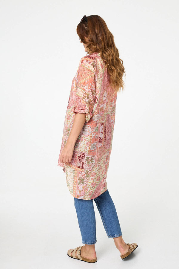 Pink | Printed Long Sleeve Longline Shirt