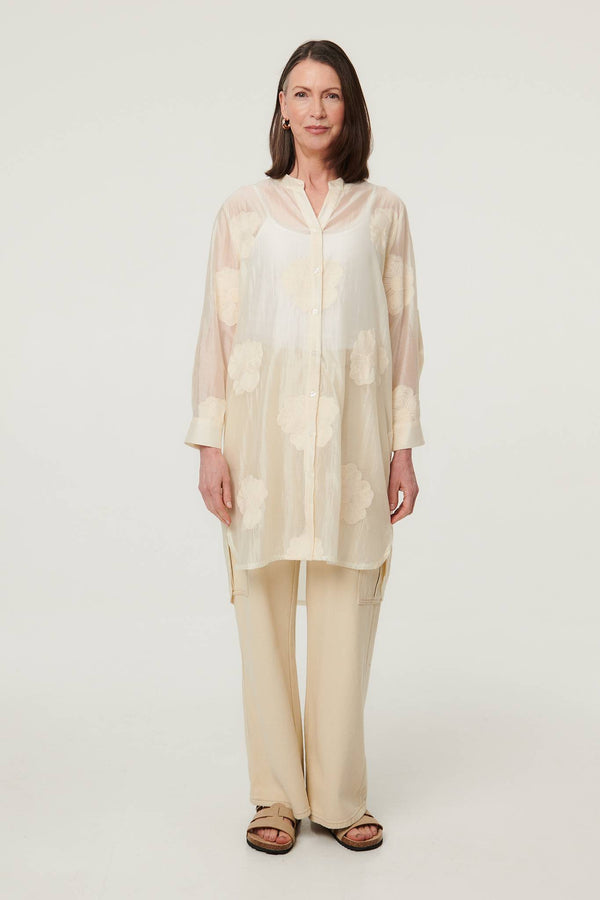 White | Floral Long Sleeve Longline Shirt
