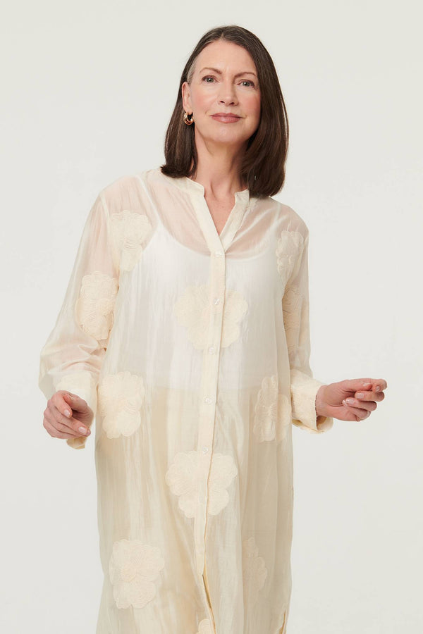 White | Floral Long Sleeve Longline Shirt
