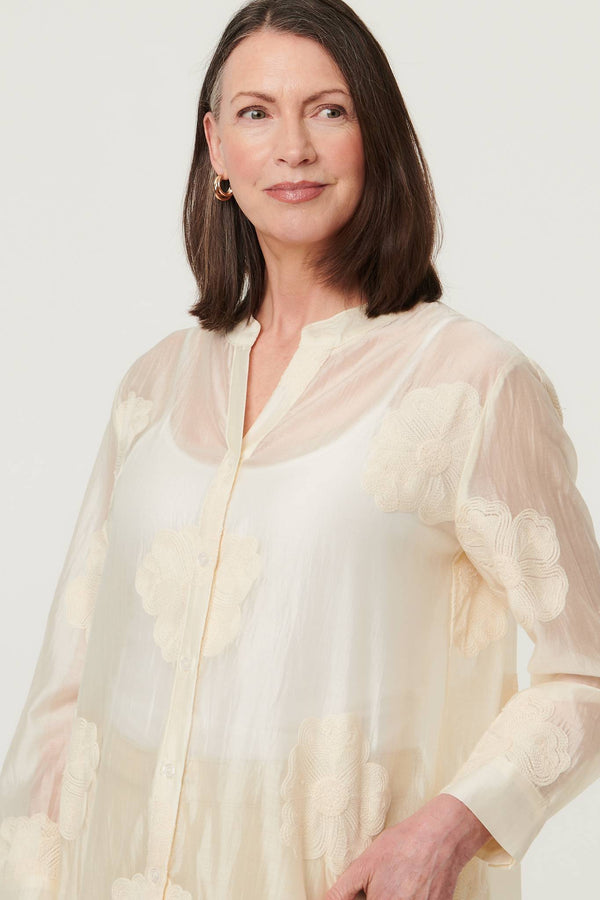 White | Floral Long Sleeve Longline Shirt
