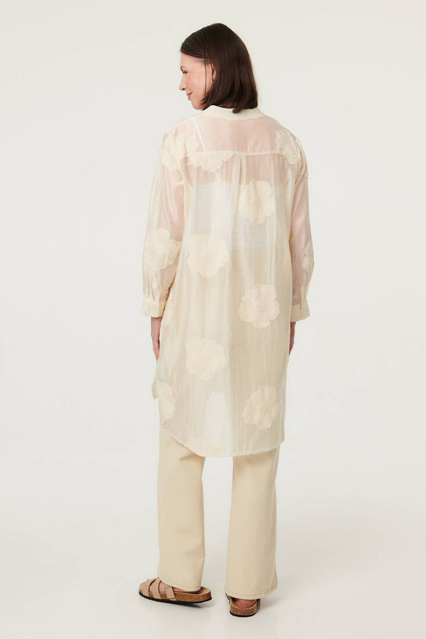 White | Floral Long Sleeve Longline Shirt
