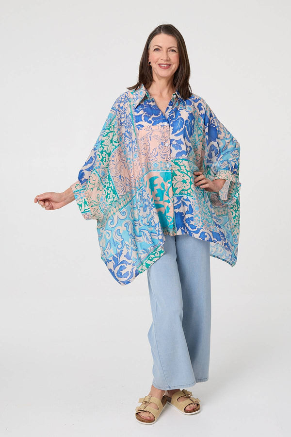 Blue | Leaf Print Longline Relaxed Tunic Shirt