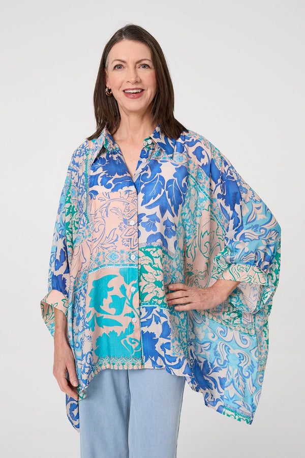 Blue | Leaf Print Longline Relaxed Tunic Shirt