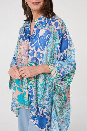 Blue | Leaf Print Longline Relaxed Tunic Shirt