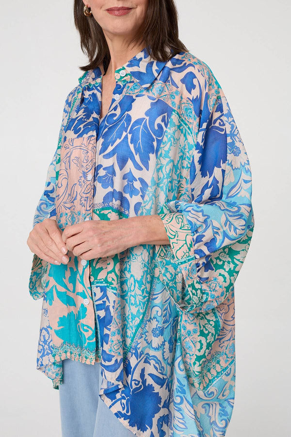 Blue | Leaf Print Longline Relaxed Tunic Shirt