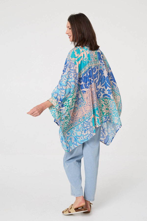 Blue | Leaf Print Longline Relaxed Tunic Shirt