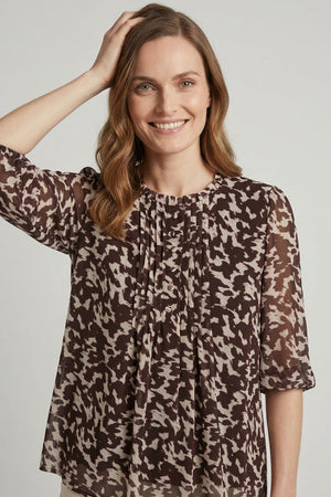 Brown | Printed Semi Sheer 3/4 Sleeve Blouse