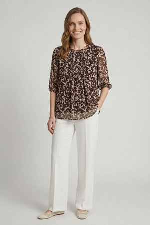 Brown | Printed Semi Sheer 3/4 Sleeve Blouse : Model is 5'6