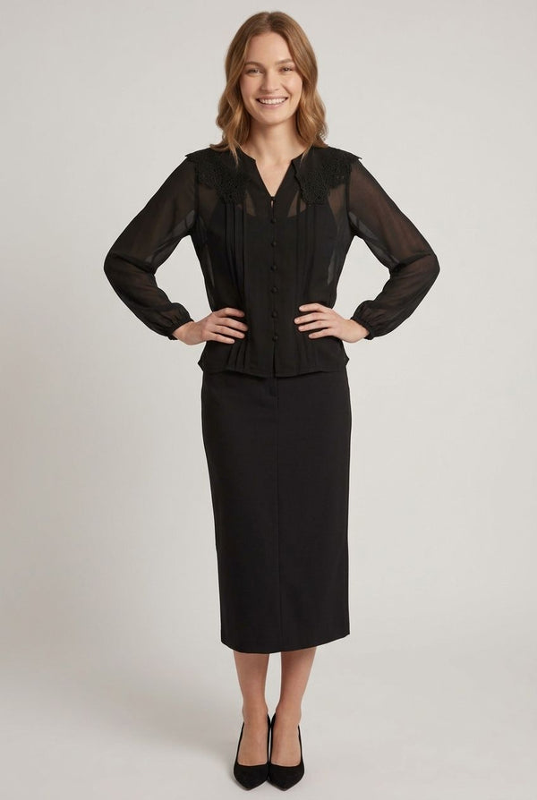 Black | Lace Trim Collared Semi Sheer Shirt