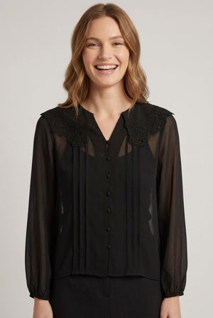 Black | Lace Trim Collared Semi Sheer Shirt