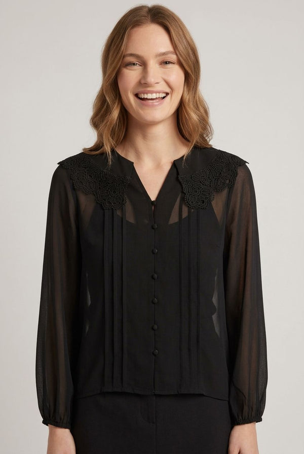 Black | Lace Trim Collared Semi Sheer Shirt