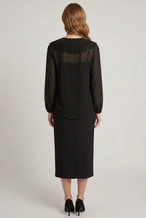 Black | Lace Trim Collared Semi Sheer Shirt