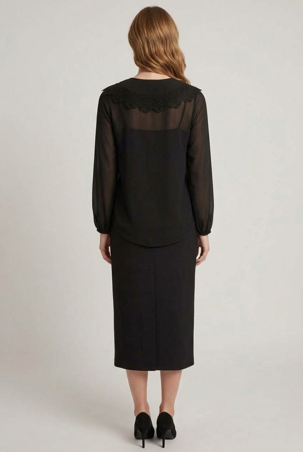 Black | Lace Trim Collared Semi Sheer Shirt