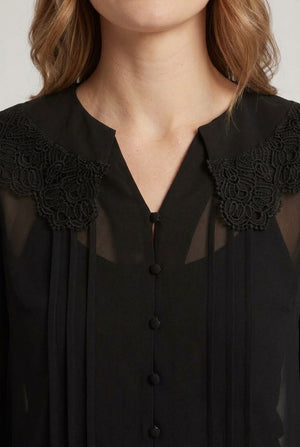 Black | Lace Trim Collared Semi Sheer Shirt