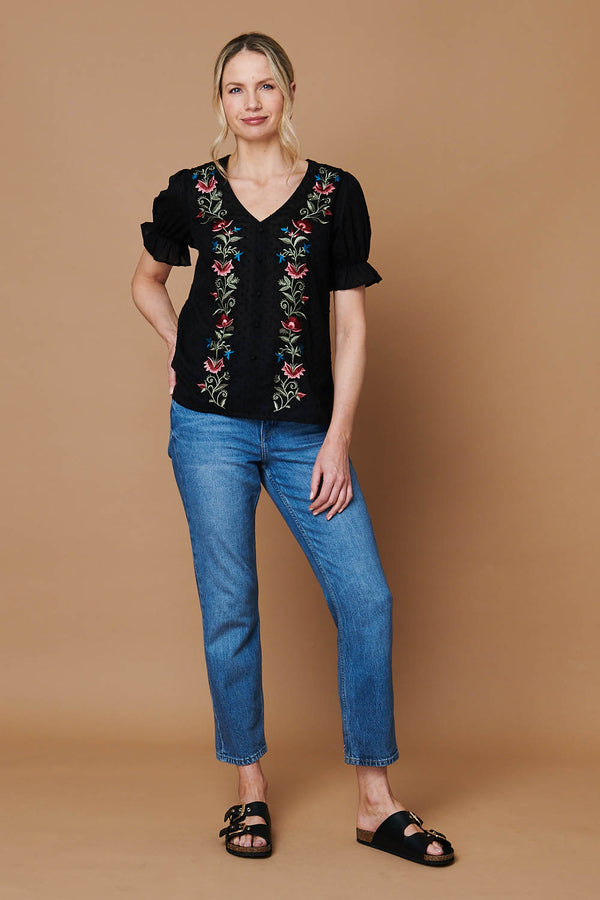 Black | Floral Embroidery Puff Sleeve Blouse