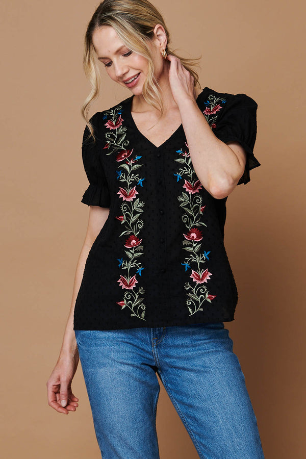 Black | Floral Embroidery Puff Sleeve Blouse