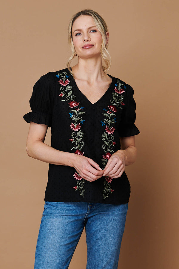Black | Floral Embroidery Puff Sleeve Blouse