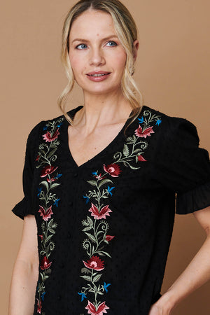 Black | Floral Embroidery Puff Sleeve Blouse